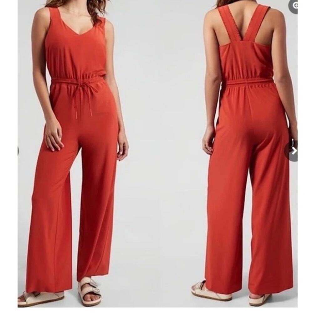 Athleta Size 2 Savannah Jumpsuit Orange Current Red Stretch Wide Leg FLAW READ - Picture 3 of 7